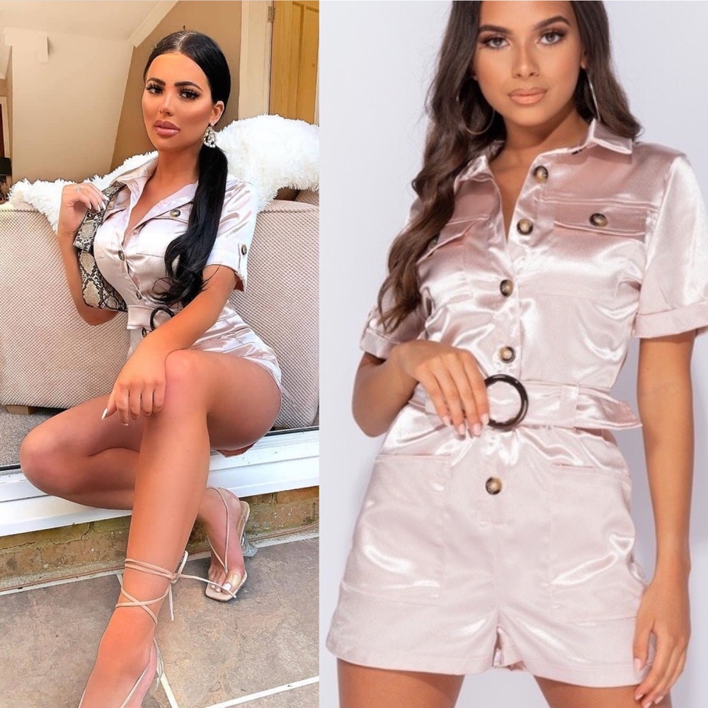 Jalynn Beige Satin Button Front Belted Romper